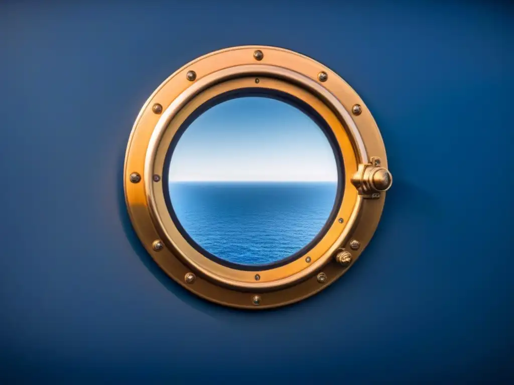 Acabados exclusivos en porthole de crucero de lujo, reflejando el mar y el cielo en un juego de luces y sombras