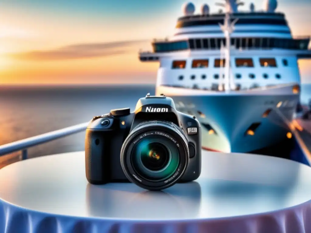 Accesorios de fotografía para cruceros marítimos: cámara moderna sobre mesa blanca en cubierta al atardecer