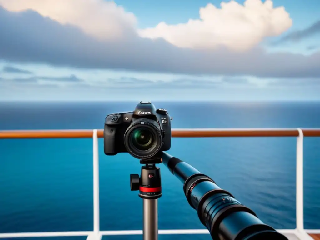 Accesorios de fotografía en cruceros marítimos: Cámara moderna en un elegante crucero frente al mar