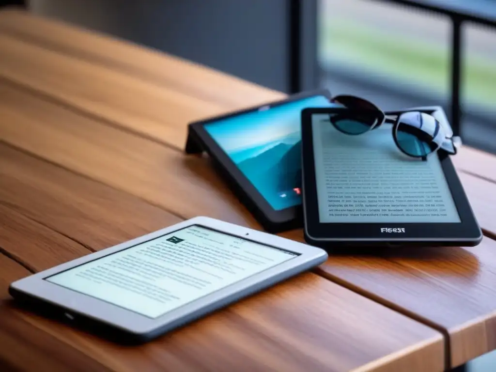 Accesorios para equipaje de crucero: moderna tableta y lector electrónico en mesa de madera con gafas de sol