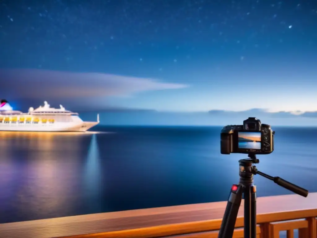 Accesorios de fotografía cruceros marítimos: Trípode negro en cubierta nocturna, con cámara y cielo estrellado