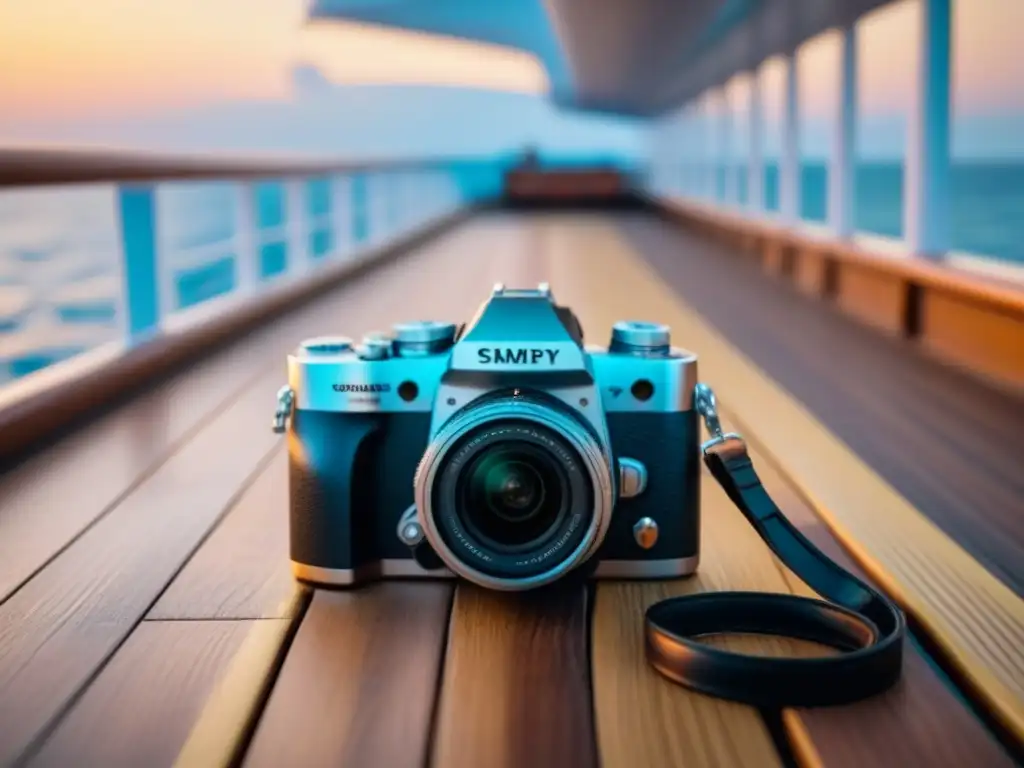 Accesorios fotografía cruceros marítimos: Cámara plateada en cubierta de madera, lista para capturar un atardecer tranquilo en el mar