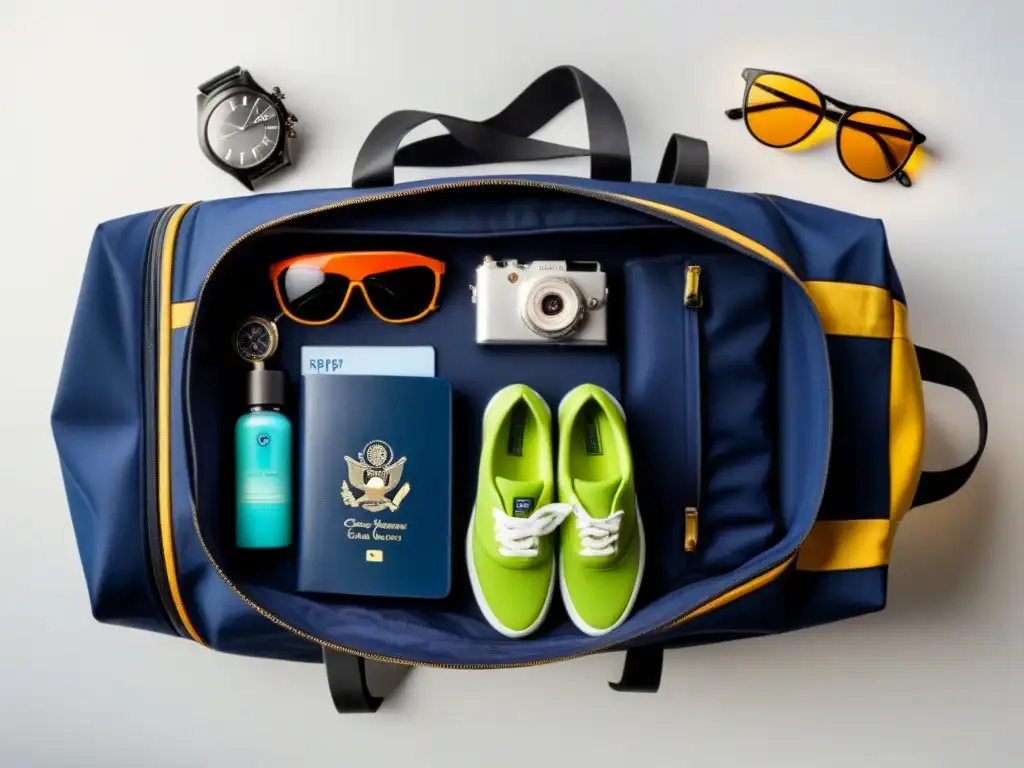 Accesorios de viaje para crucero: Elegante bolsa organizada con pasaporte, lentes de sol, protector solar, guía de viaje, sombrero plegable y reloj