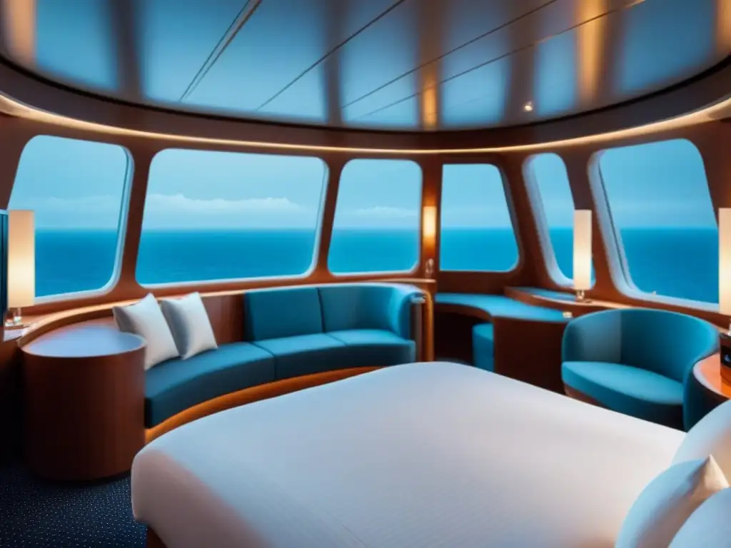 Acogedor camarote de crucero con vista al mar, diseño elegante y ambiente tranquilo