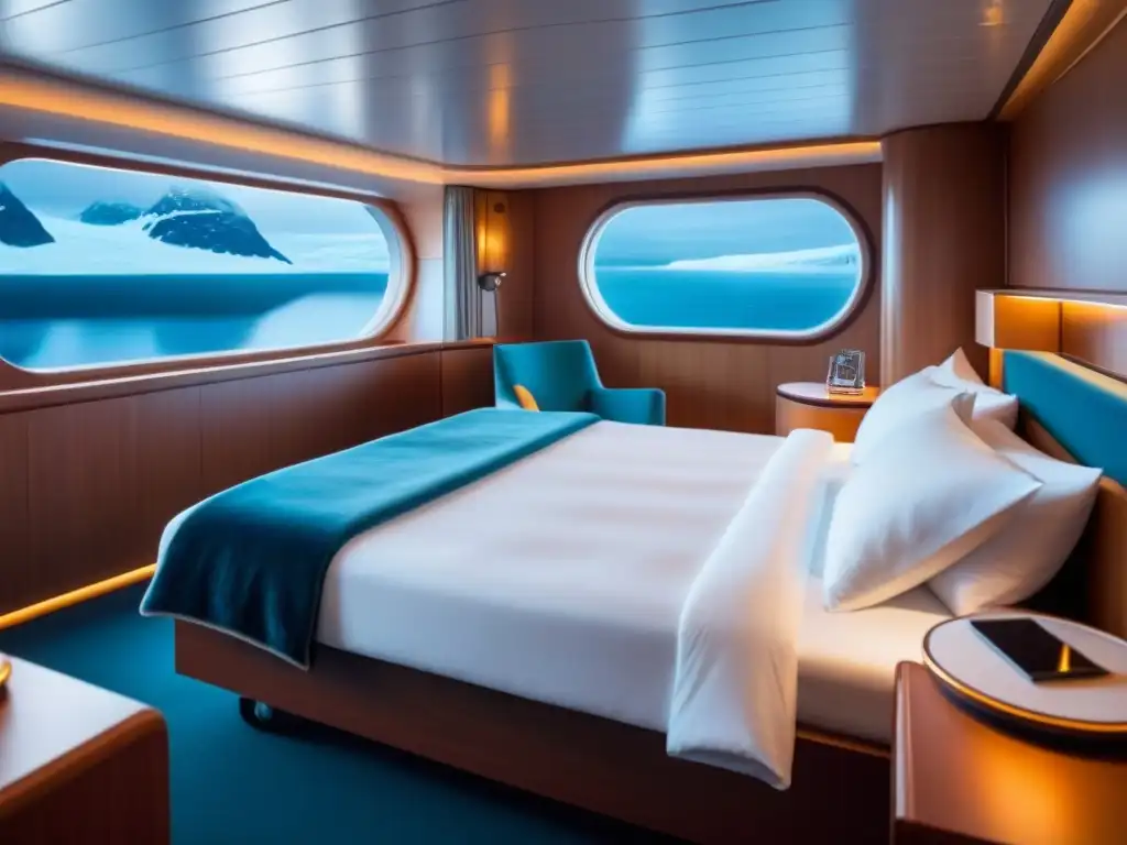 Acogedora vida a bordo crucero polar en cabaña minimalista: cama blanca, escritorio con ventana y manta cálida