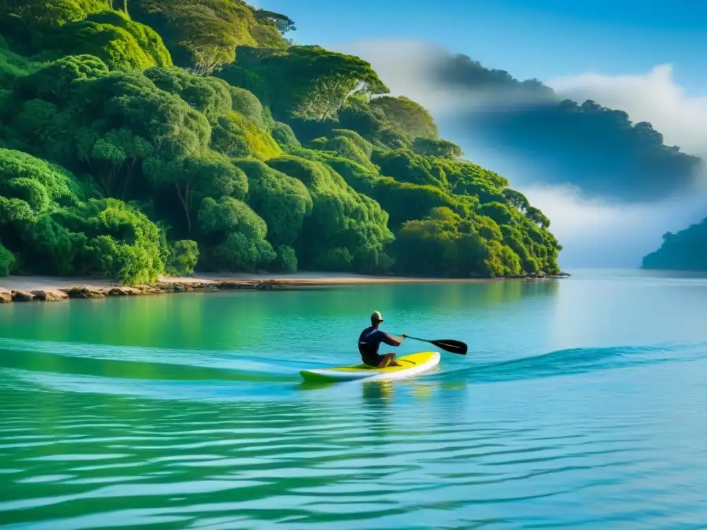 Paddleboarder disfrutando de actividades acuáticas turismo marítimo en aguas tranquilas rodeado de naturaleza exuberante y cielo azul