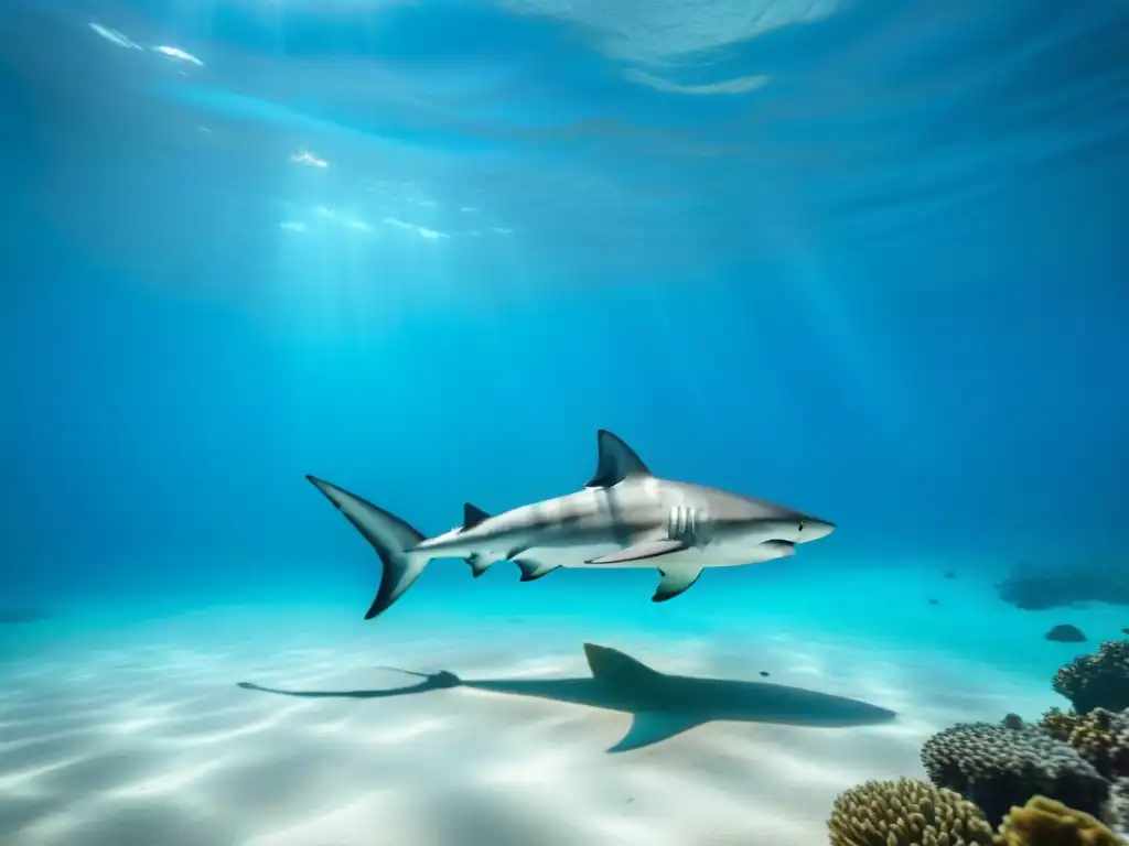 Bajo el agua, buceo seguro con tiburones: un tiburón plateado surca con elegancia aguas turquesas cristalinas