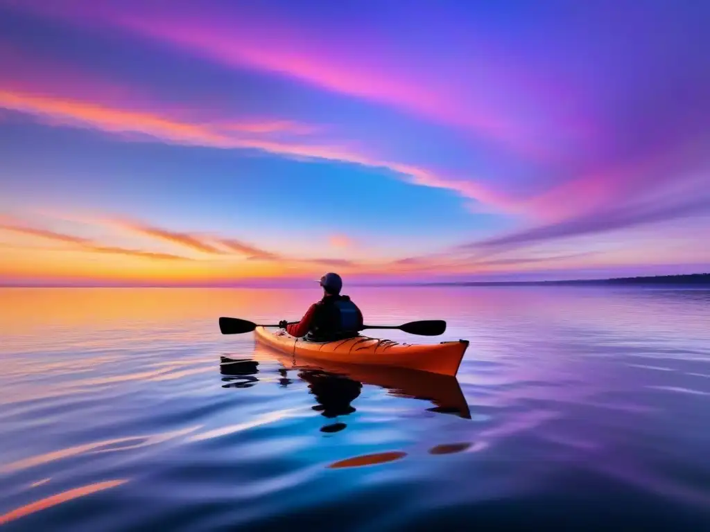 Preparación kayak aguas abiertas al atardecer, escena serena y pintoresca en el agua tranquila con cielo de colores cálidos