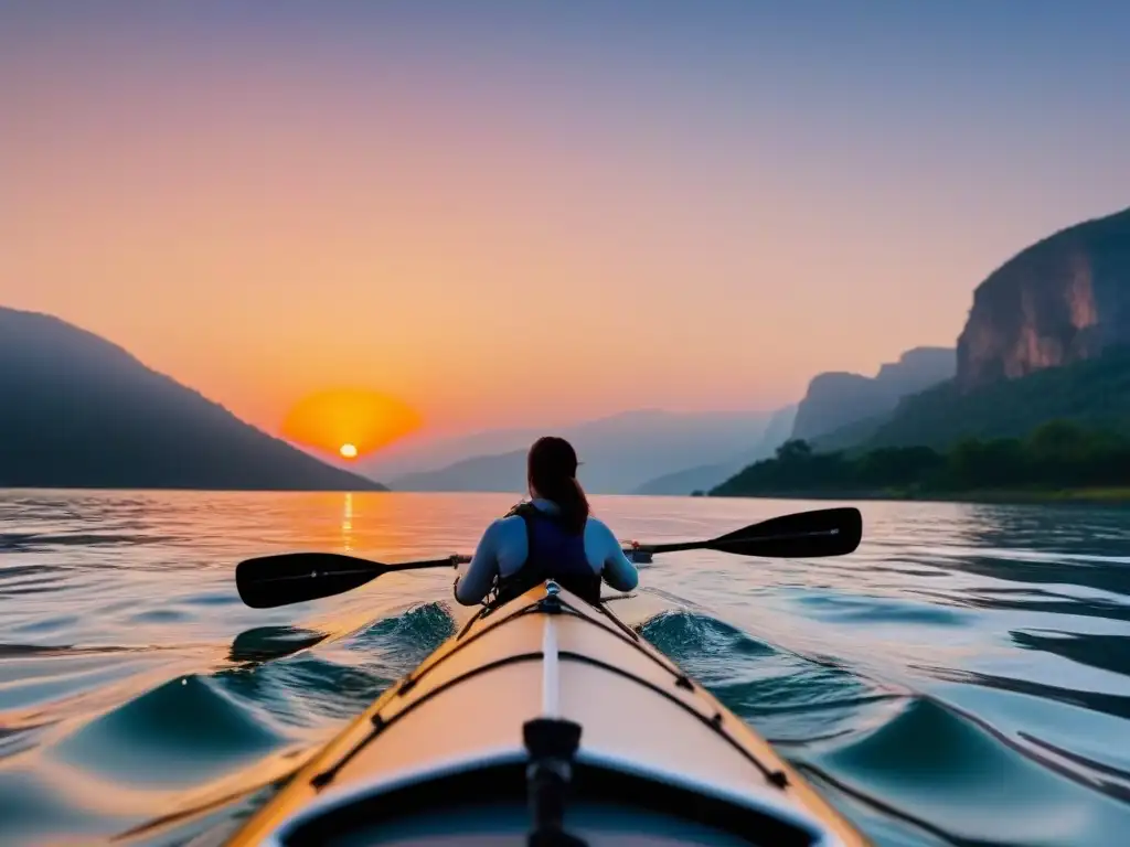 Preparación kayak aguas abiertas: kayak elegante en aguas cristalinas al atardecer, reflejando la paz y armonía del remo en aguas abiertas