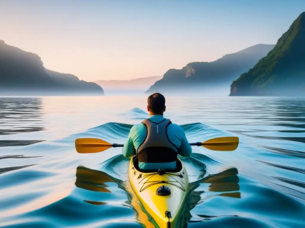 Expedición de kayak turismo marítimo: Kayak deslizándose en aguas cristalinas bajo un amanecer majestuoso en el horizonte