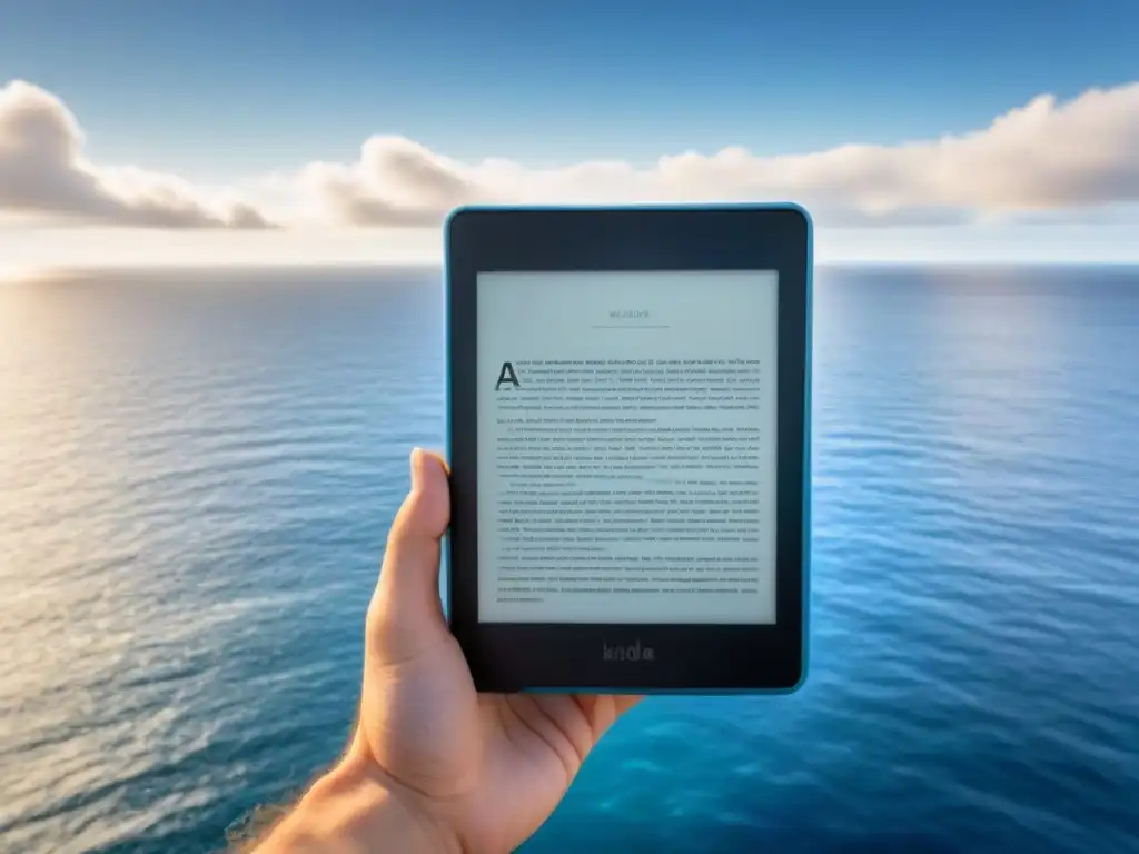 Un Kindle Paperwhite flotando en aguas tranquilas, rodeado de ebooks