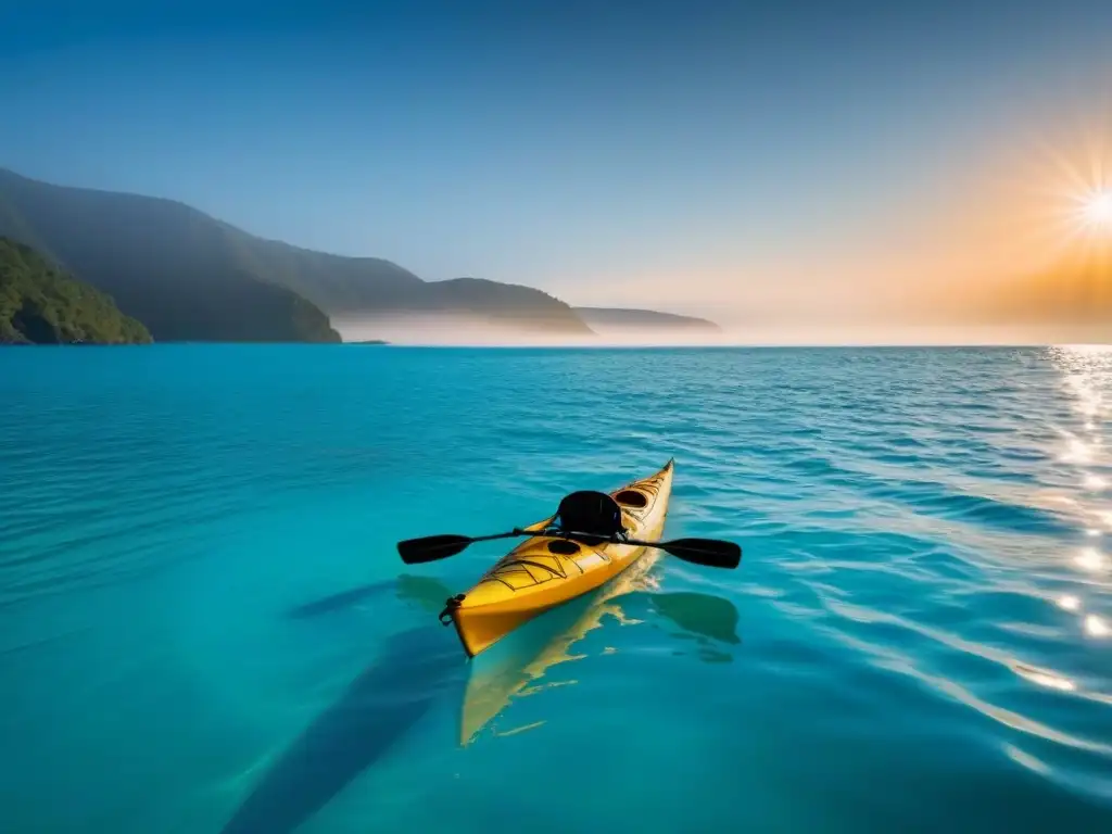 Expedición de kayak turismo marítimo: kayak flotando en aguas turquesas al atardecer