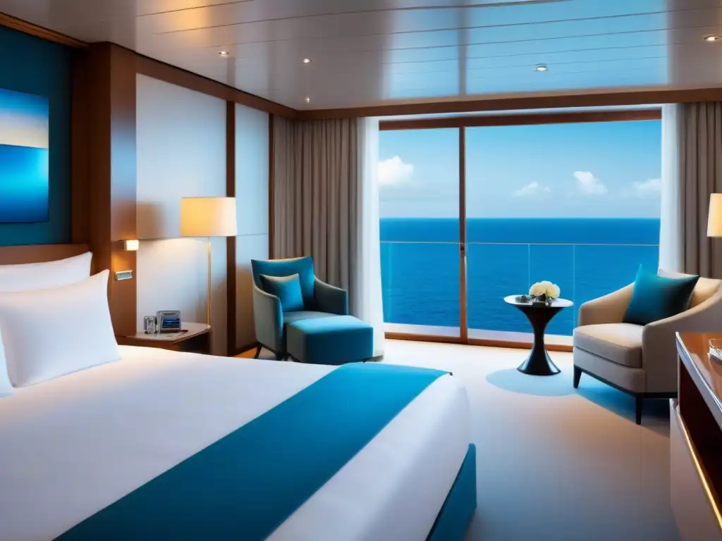 Alojamientos VIP en Cruceros: Suite de lujo en un crucero con diseño moderno, ventanales al mar, cama king y baño lujoso