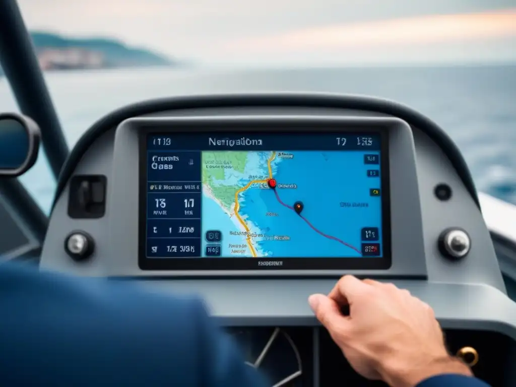 Navegación marítima de alta tecnología: GPS integrado en un moderno barco, mostrando rutas y datos de seguimiento en una pantalla minimalista