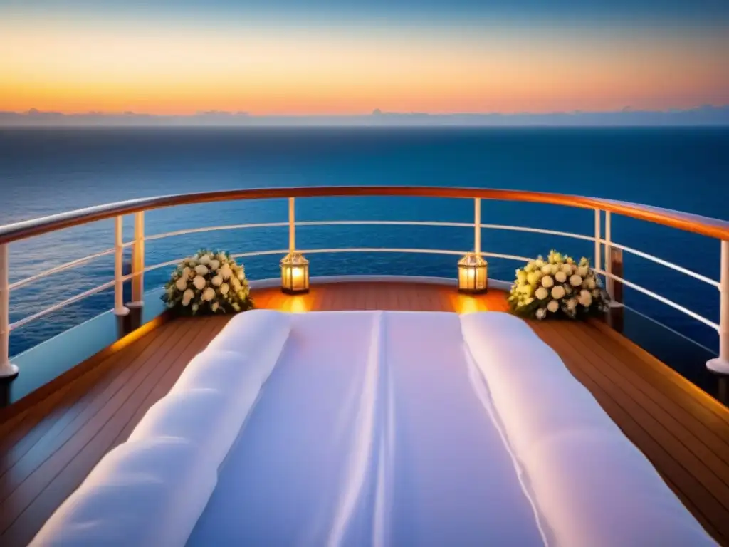 Un altar blanco decorado con flores frescas en la cubierta de un lujoso crucero al atardecer, ideal para ceremonias románticas