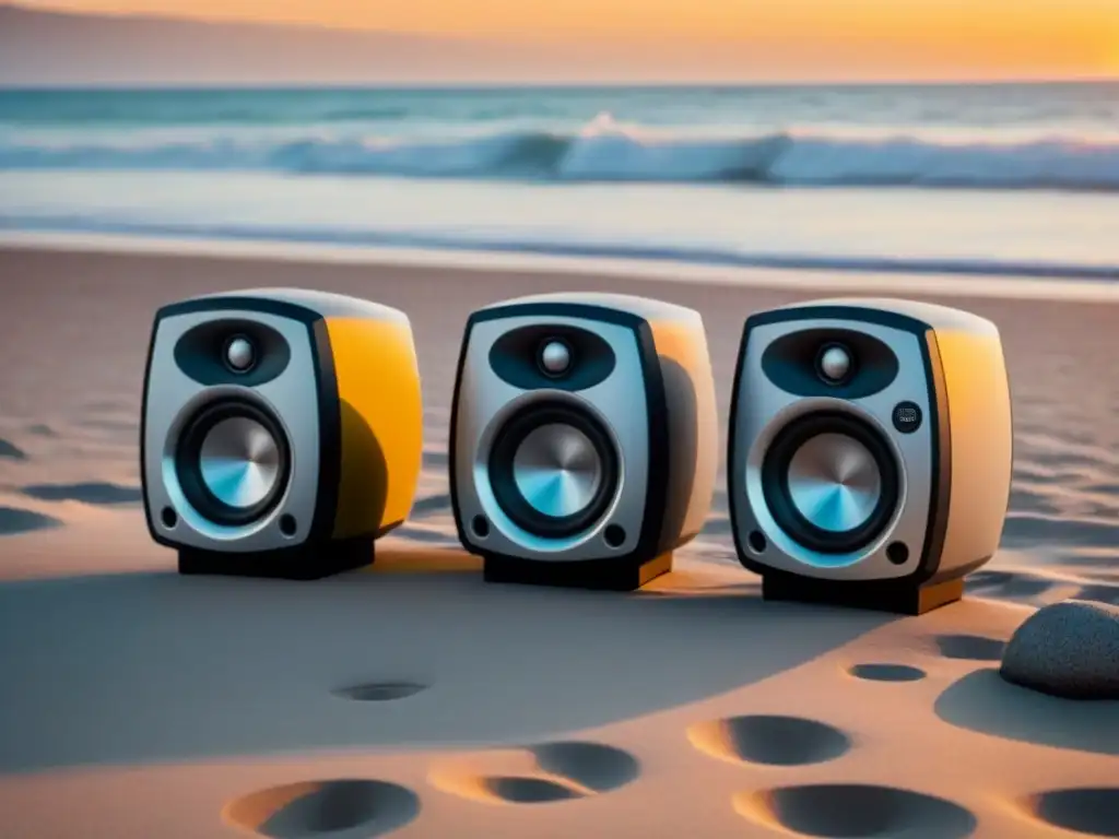 Tres altavoces impermeables para aventuras marinas en una playa al atardecer