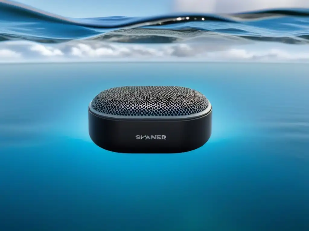 Altavoces impermeables para aventuras marinas: Altavoz negro flotando en agua azul cristalina con cielo despejado reflejado en su superficie