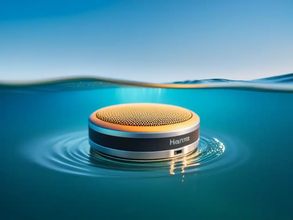 Altavoces impermeables para aventuras marinas: altavoz flotando en agua tranquila, reflejos de sol en ondas pequeñas