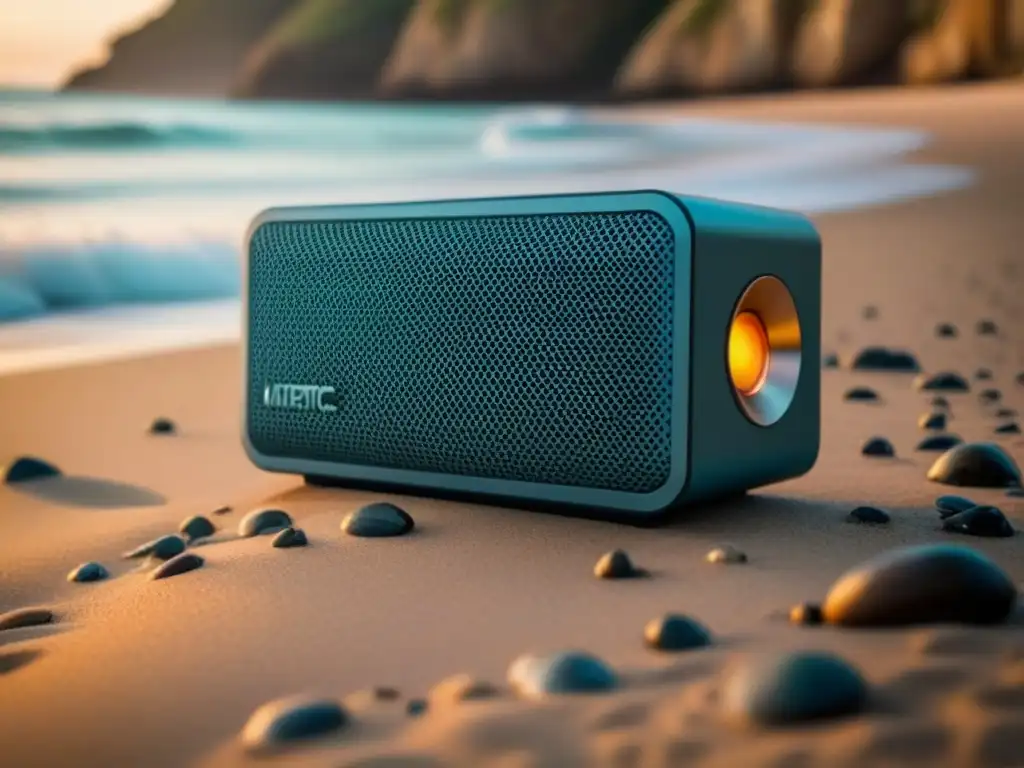 Altavoces impermeables para aventuras marinas: altavoz moderno en la playa con olas suaves al fondo, diseño elegante resistente al agua