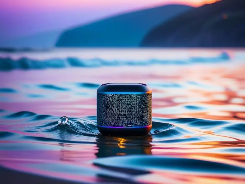 Altavoces impermeables para aventuras marinas en atardecer sereno sobre el mar tranquilo