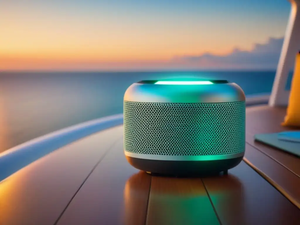 Altavoz Bluetooth resistente al agua en crucero de lujo al atardecer, accesorio de viaje para crucero