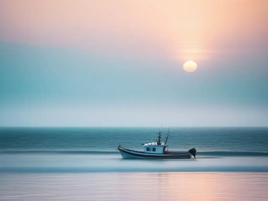 Un amanecer costero sereno y minimalista con colores pastel suaves pintando el cielo y reflejándose en las tranquilas aguas del océano