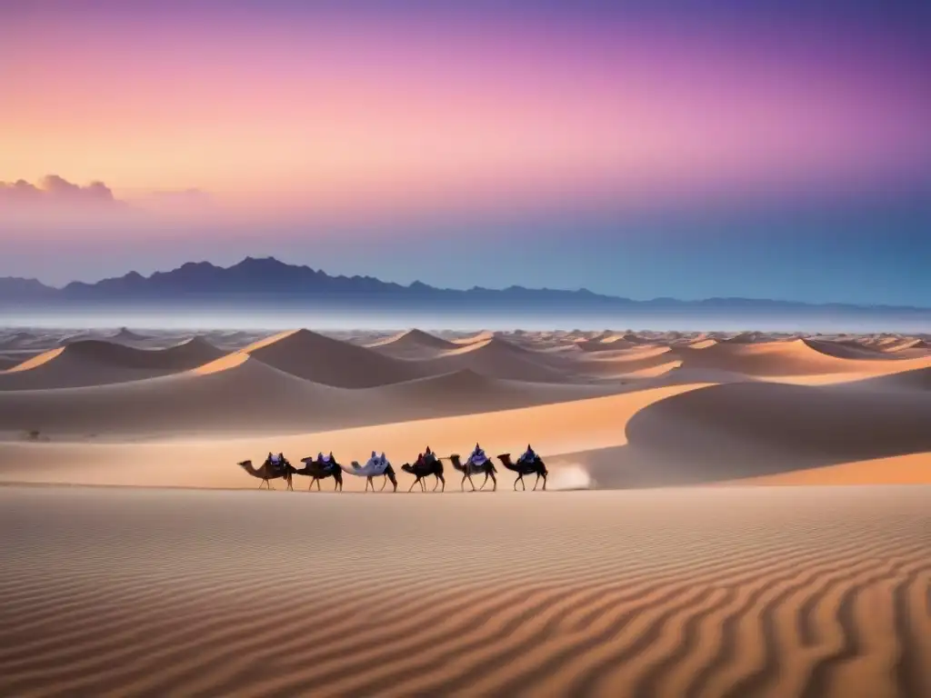 Un amanecer dorado en el desierto, con dunas suaves bajo un cielo rosa y morado