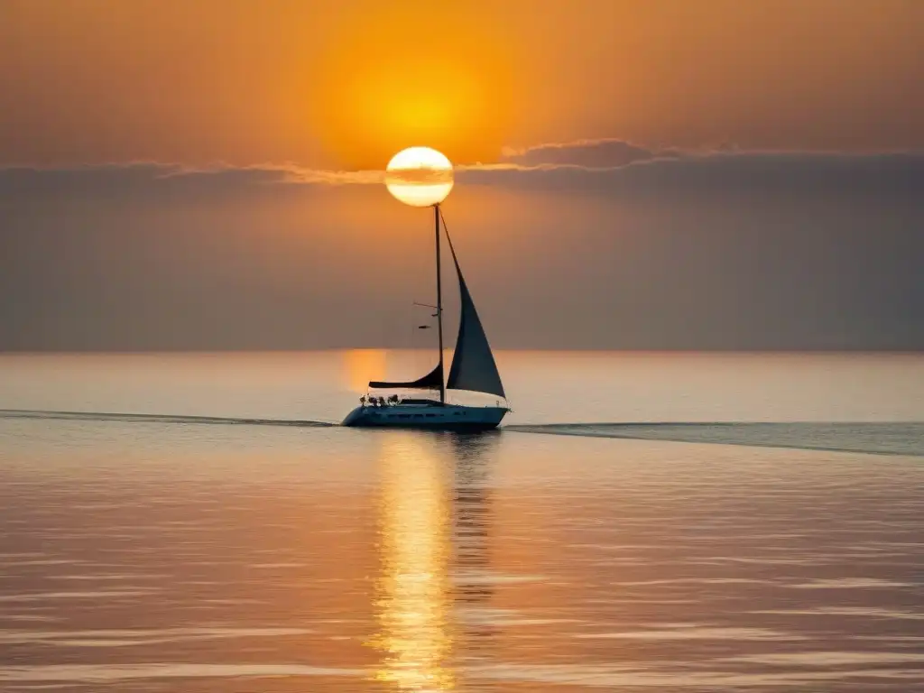 Un amanecer dorado sobre el mar, un yate navegando hacia el horizonte, simbolizando oportunidades en inversiones turismo marítimo