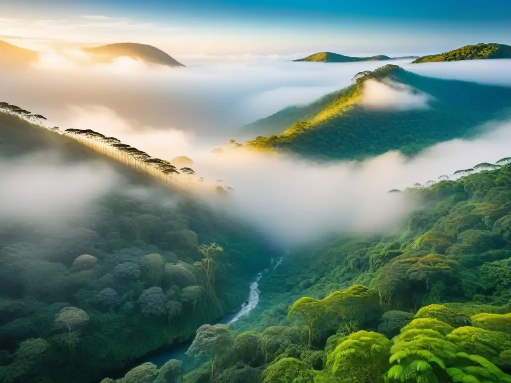 Un amanecer mágico en un bosque lluvioso virgen, con luz dorada filtrándose entre el dosel, creando una atmósfera de tranquilidad