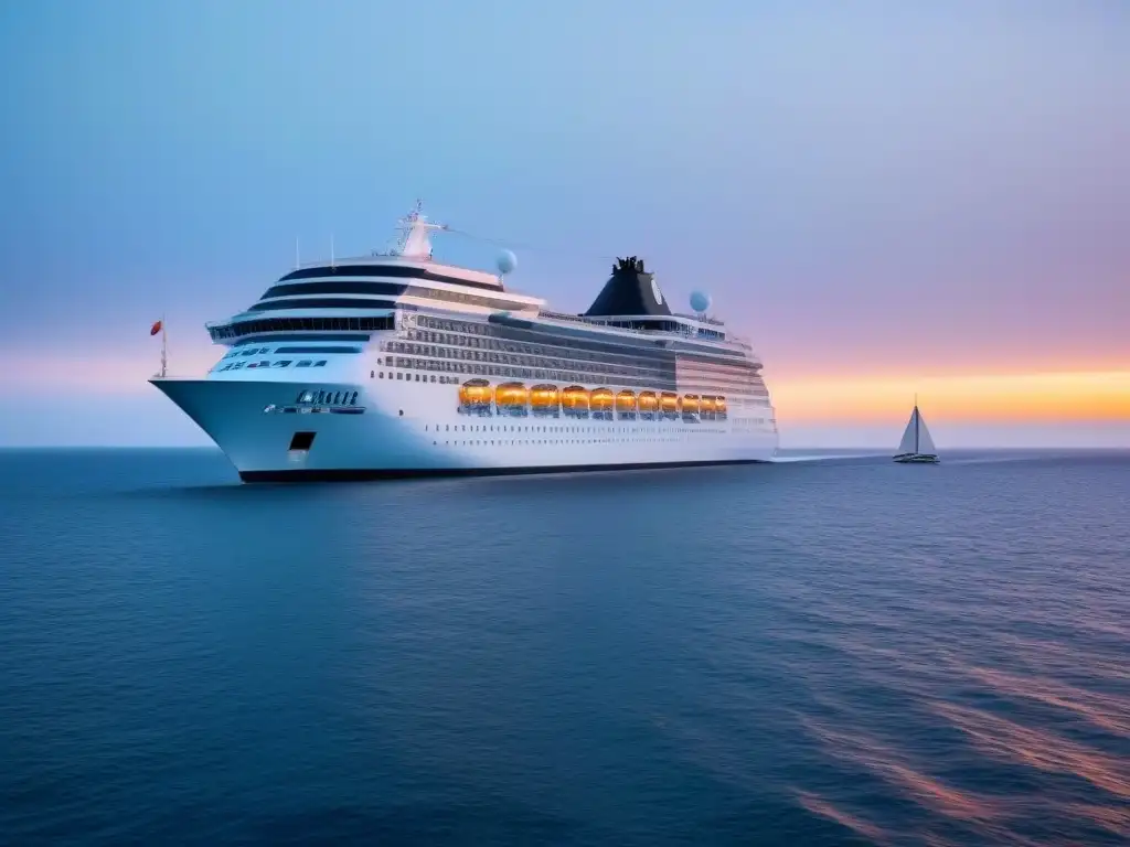 Crucero al amanecer: serenidad en alta mar Un amanecer sereno sobre aguas oceánicas, con un crucero moderno reflejando los tonos suaves del cielo al amanecer, rodeado de veleros