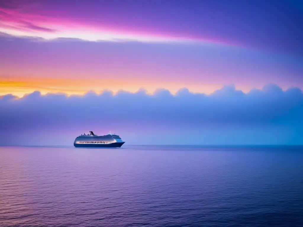 Un amanecer sereno sobre aguas tranquilas, con un crucero a lo lejos