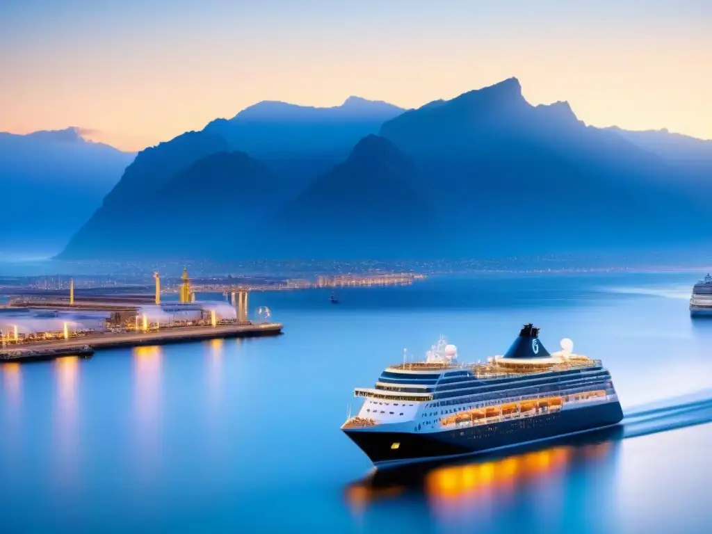 Un amanecer sereno en una ciudad portuaria, con un crucero moderno atracado