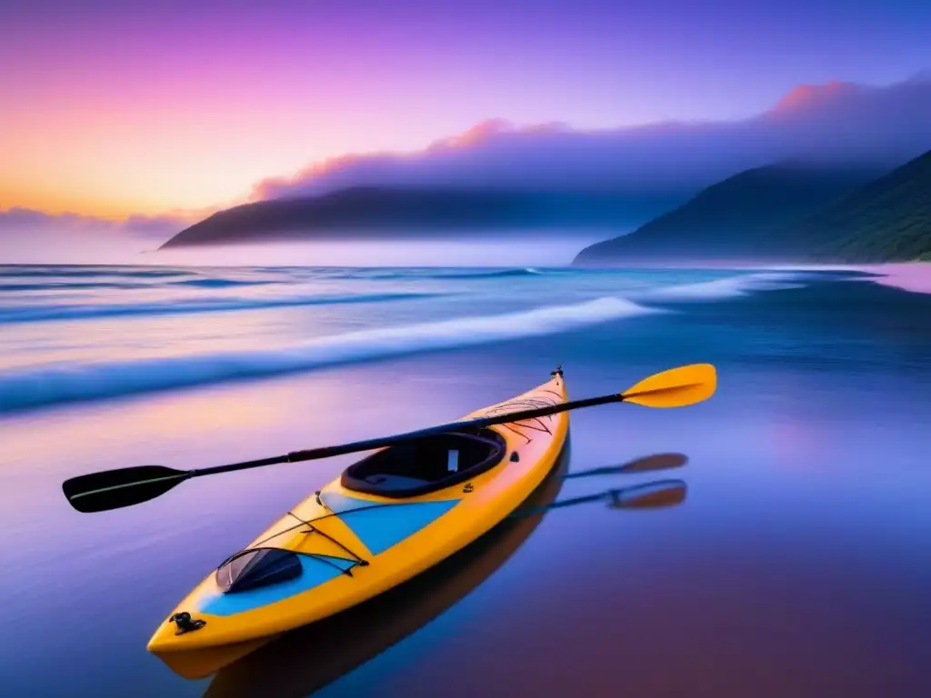 Un amanecer sereno en la costa con kayak y paddleboard sostenible en aguas calmadas