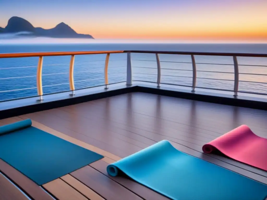 Entrenamiento de yoga al amanecer en crucero: paz y armonía en alta mar Un amanecer sereno en un crucero, con esterillas de yoga alineadas frente al mar
