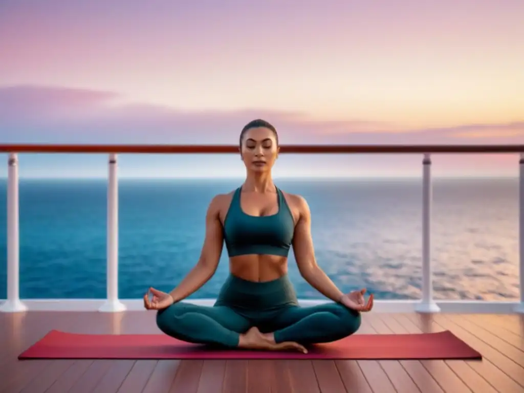 Un amanecer sereno en un crucero, con una figura practicando yoga en equilibrio y armonía