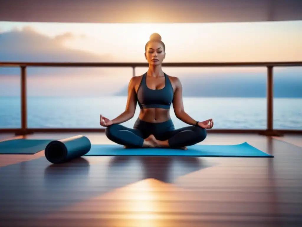 Un amanecer sereno en un crucero moderno, con una persona practicando yoga rodeada de tecnología para bienestar en crucero