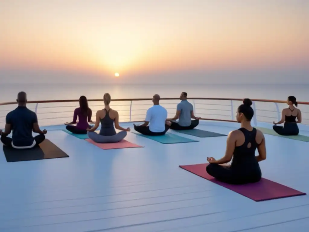 Un amanecer sereno en la cubierta de un crucero blanco impecable, con una sesión de yoga