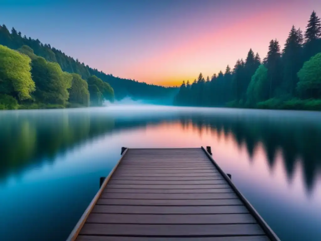 Un amanecer sereno sobre un lago, con colores vibrantes reflejados en el agua tranquila y rodeado de árboles verdes