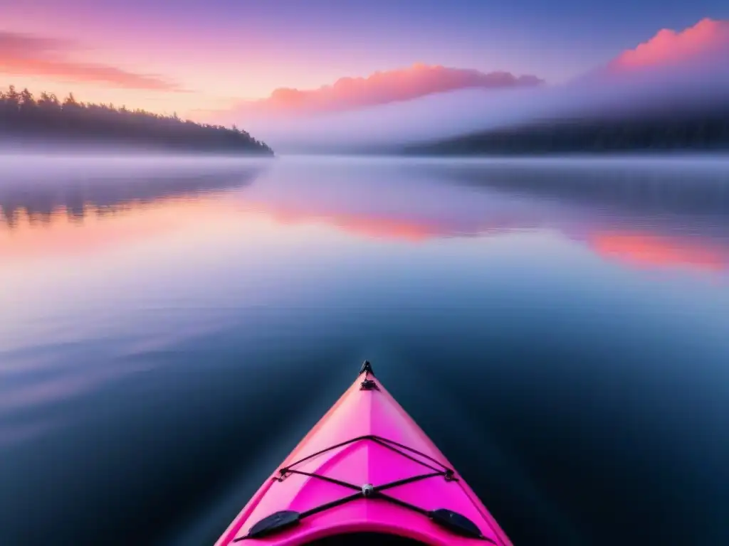 Un amanecer sereno en un lago, con un kayak solitario surcando el agua