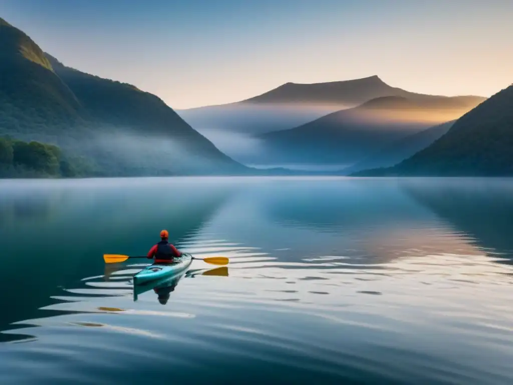 Un amanecer sereno en un lago, con un kayak y un paddleboard deslizándose suavemente sobre el agua, rodeados de montañas brumosas