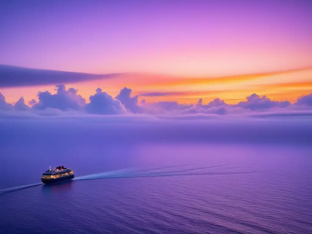 Un amanecer sereno sobre el mar, un crucero en la distancia y un guía señalando una isla exótica