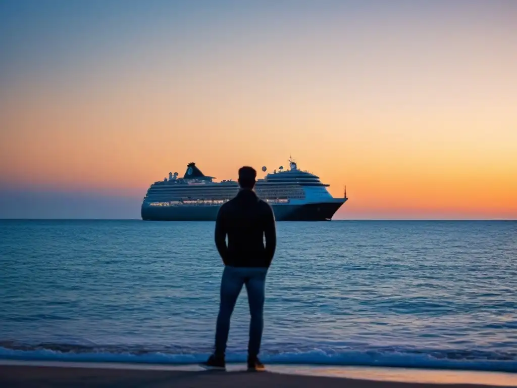 Un amanecer sereno en el mar con un crucero al fondo, transmitiendo calma y renovación en los mejores cruceros bienestar integral