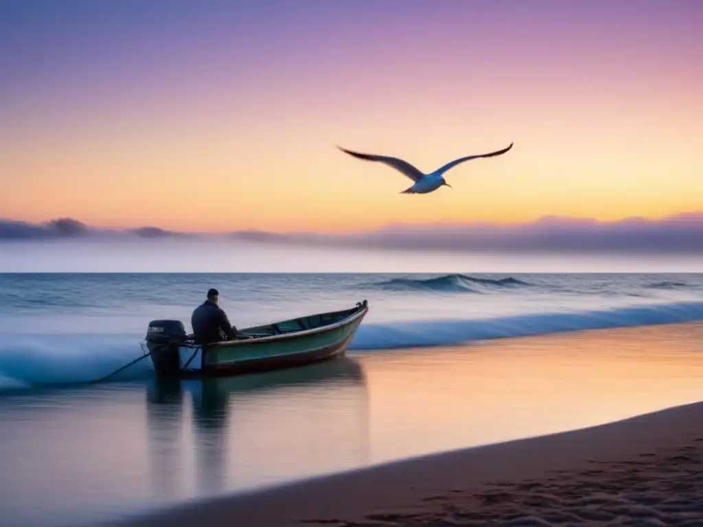 Un amanecer sereno en el mar, reflejos pastel en el agua tranquila, barca a lo lejos y gaviotas en vuelo