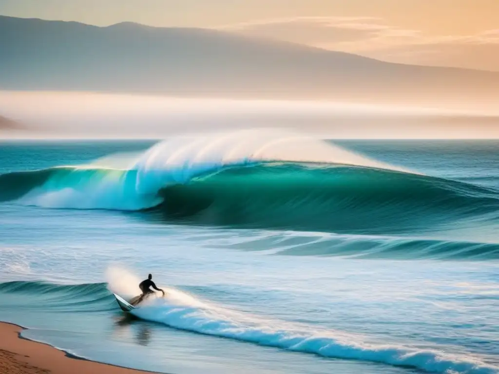 Un amanecer sereno en el mar con un surfista y un velero, ideal para 'Aplicaciones móviles para surfistas'