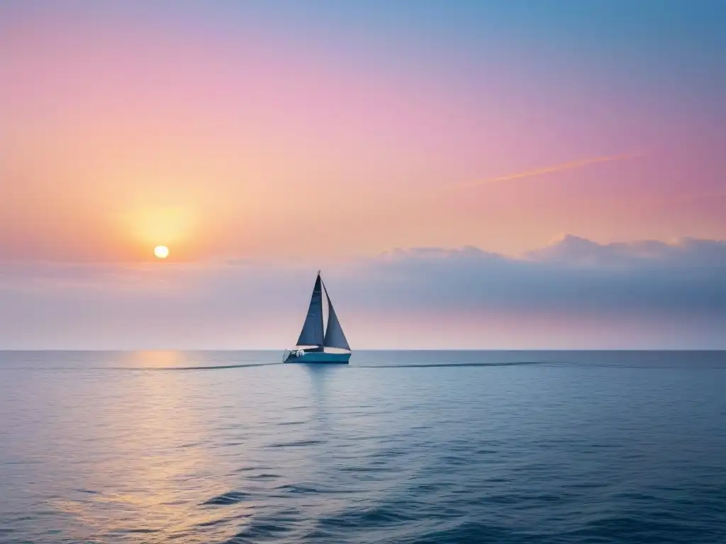 Un amanecer sereno en el mar con un velero solitario navegando