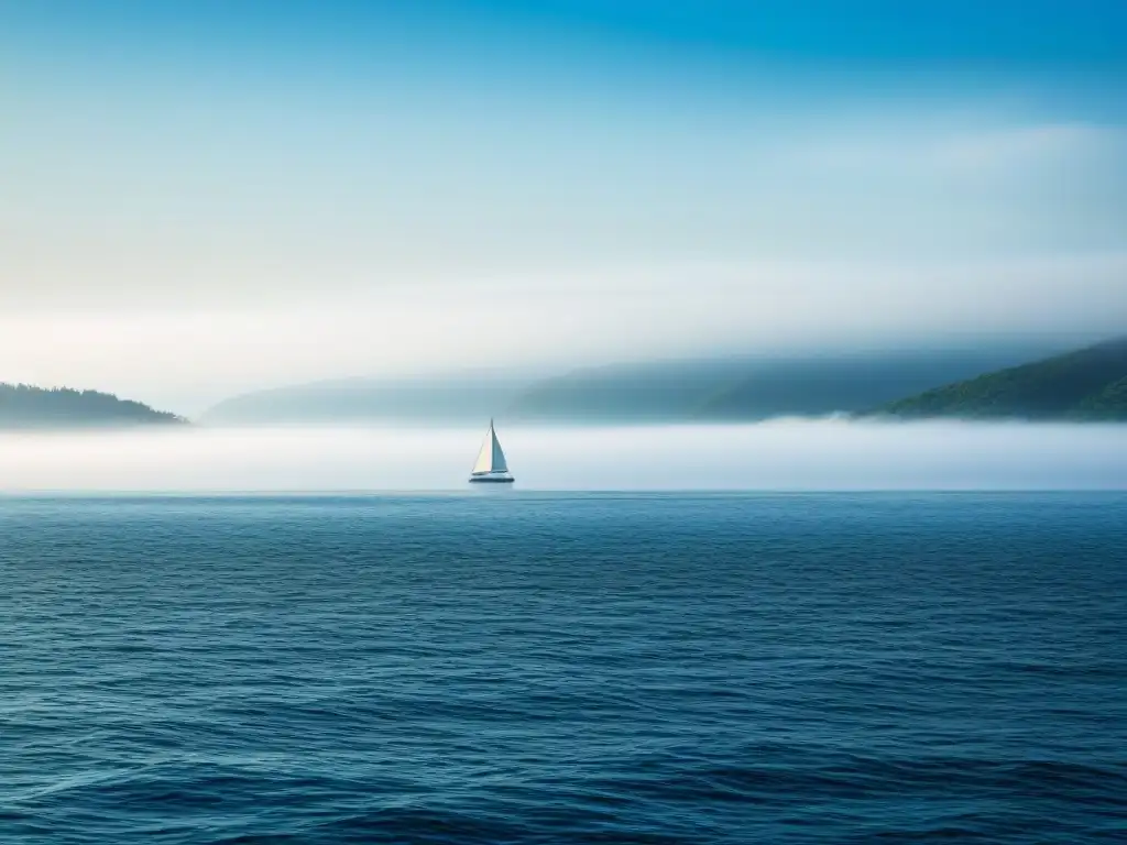 Un amanecer sereno en el mar con un velero solitario en la distancia, simbolizando paz y tranquilidad