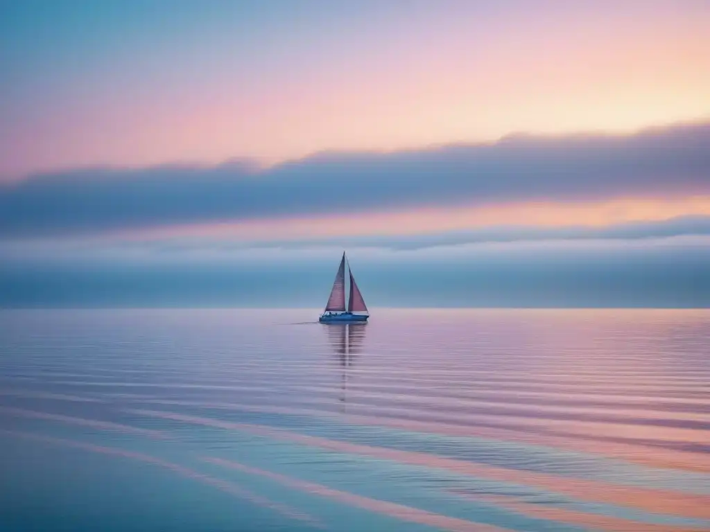 Un amanecer sereno en el mar con un velero distante