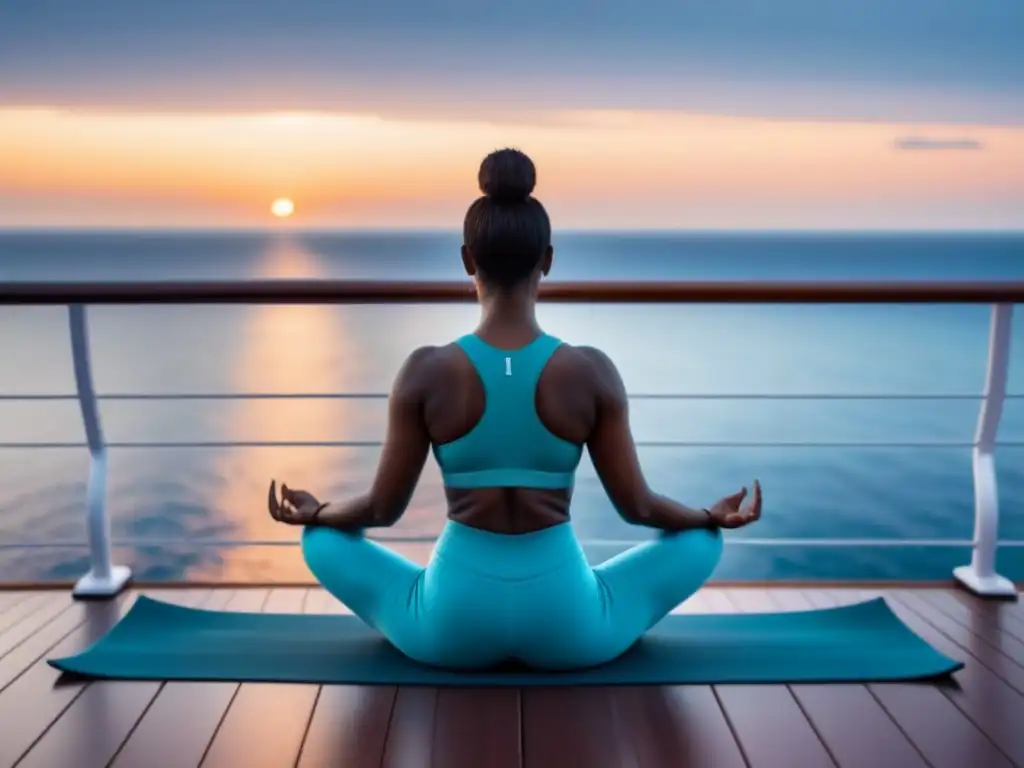 Un amanecer sereno y minimalista en un crucero, con una persona practicando yoga en cubierta