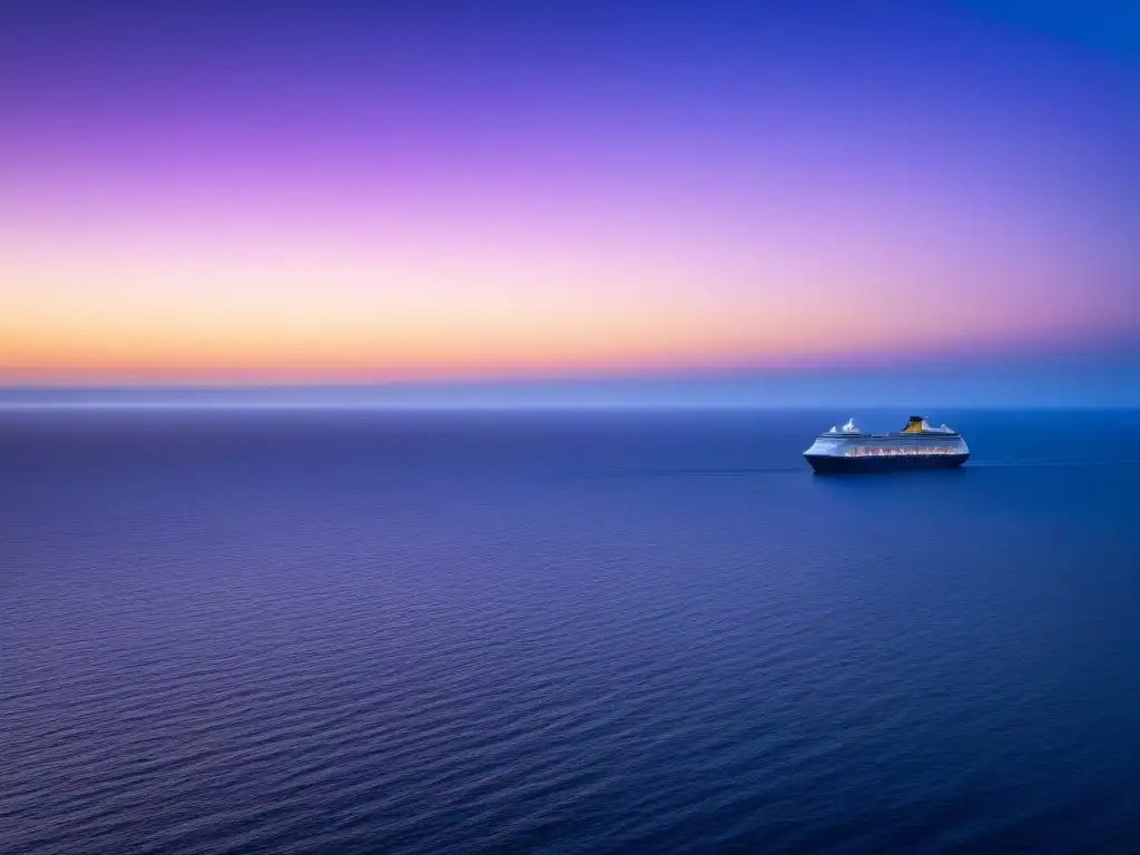 Un amanecer sereno y minimalista sobre un océano tranquilo, con un crucero en silueta