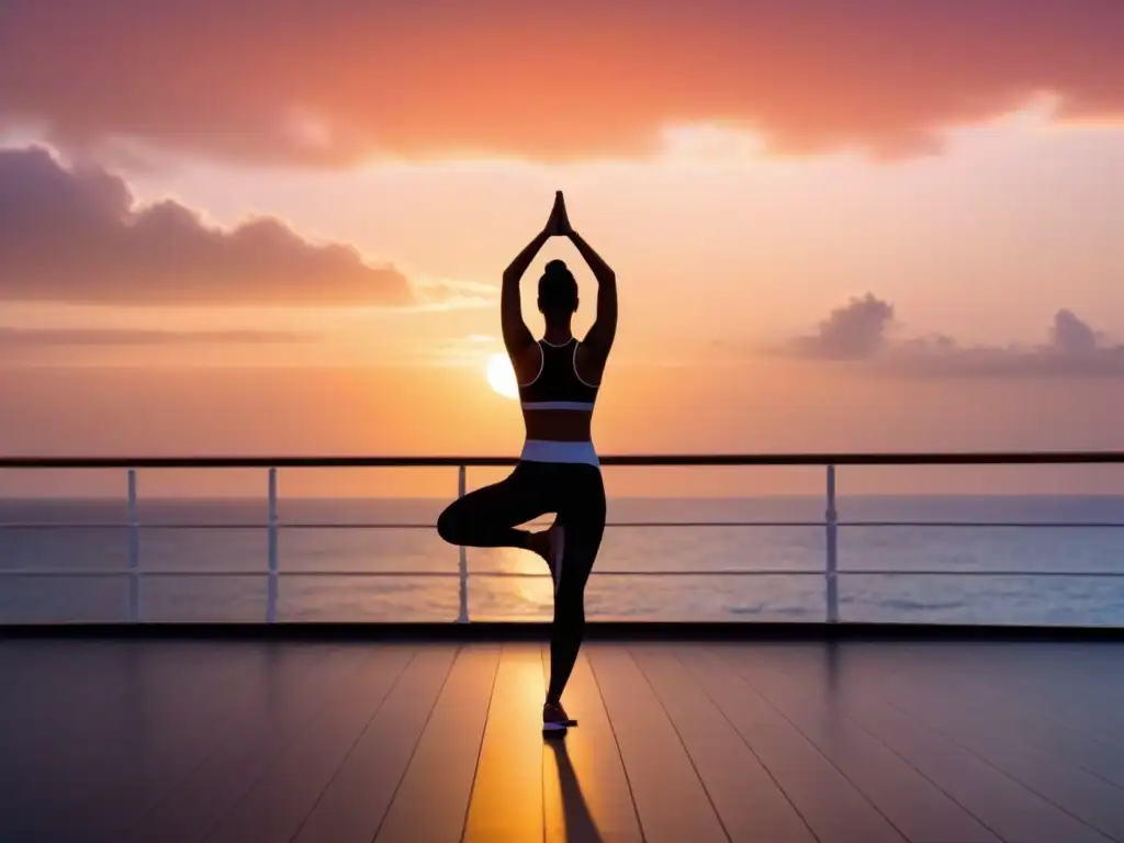 Yoga al amanecer en crucero: equilibrio y serenidad en alta mar Un amanecer sereno sobre el océano, con cielo anaranjado y rosa reflejándose en el agua, una persona practicando yoga en un crucero